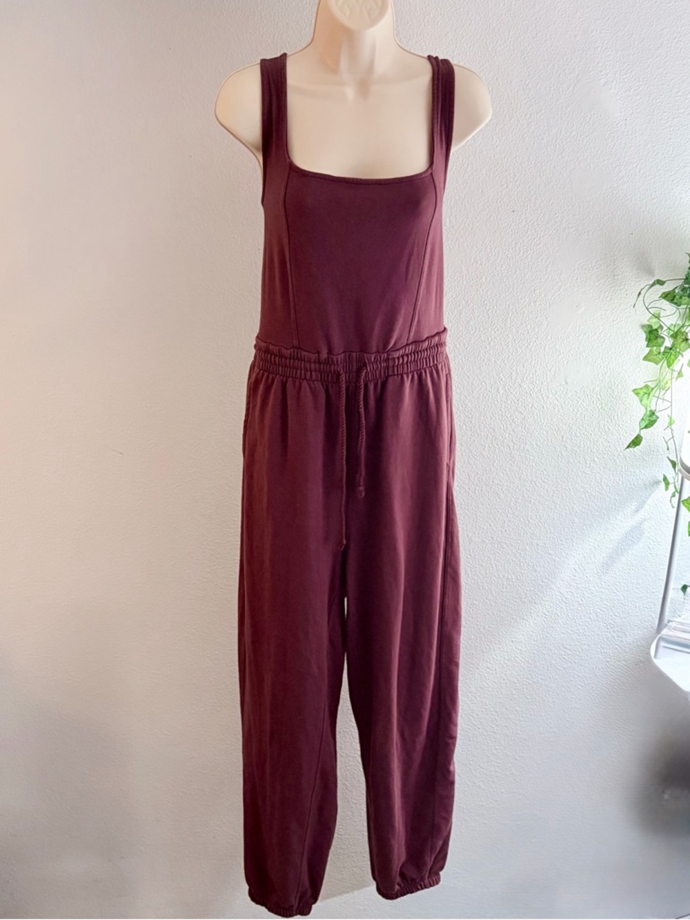 BKE Burgundy Knit Jogger Jumpsuit L Wine Sleeveless One-Piece Soft Cozy